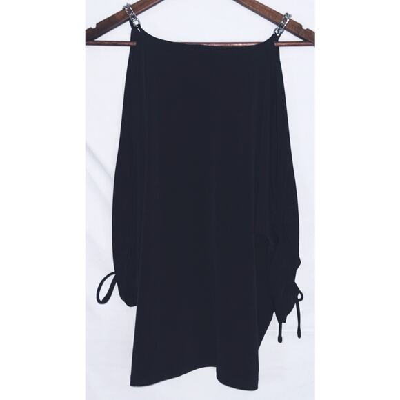 Michael Kors Small Black Cold Shoulder Silver Chain Straps Gathered Sleeve Top - Picture 5 of 7